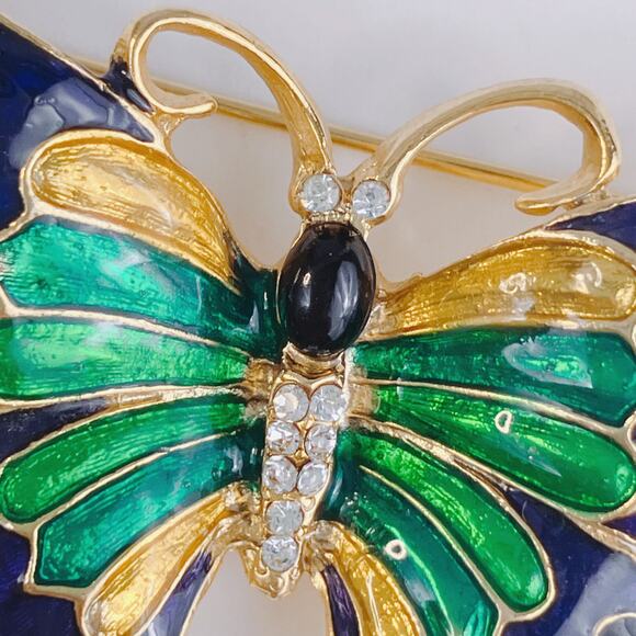 VTG 1980s Gold Tone Enamel Butterfly Brooch Blue Green Glass Rhinestone Pin - Picture 3 of 8